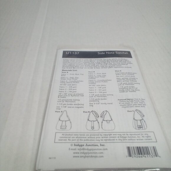 Sewing Pattern Indygo Junction Side Note Satchel IJ1137 Bag Purse - Picture 2 of 6